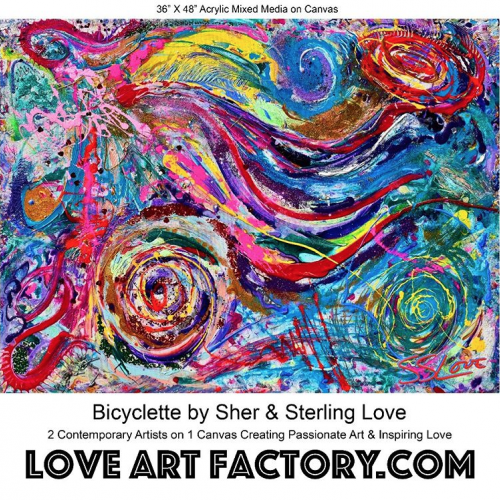 Bicyclette by Sher and Sterling Love 2 Contemporary Artists On 1 Canvas 36x48 Mixed Media On Canvas