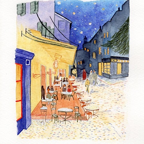 Watercolor Study on Van Goghs Café Terrace at Night