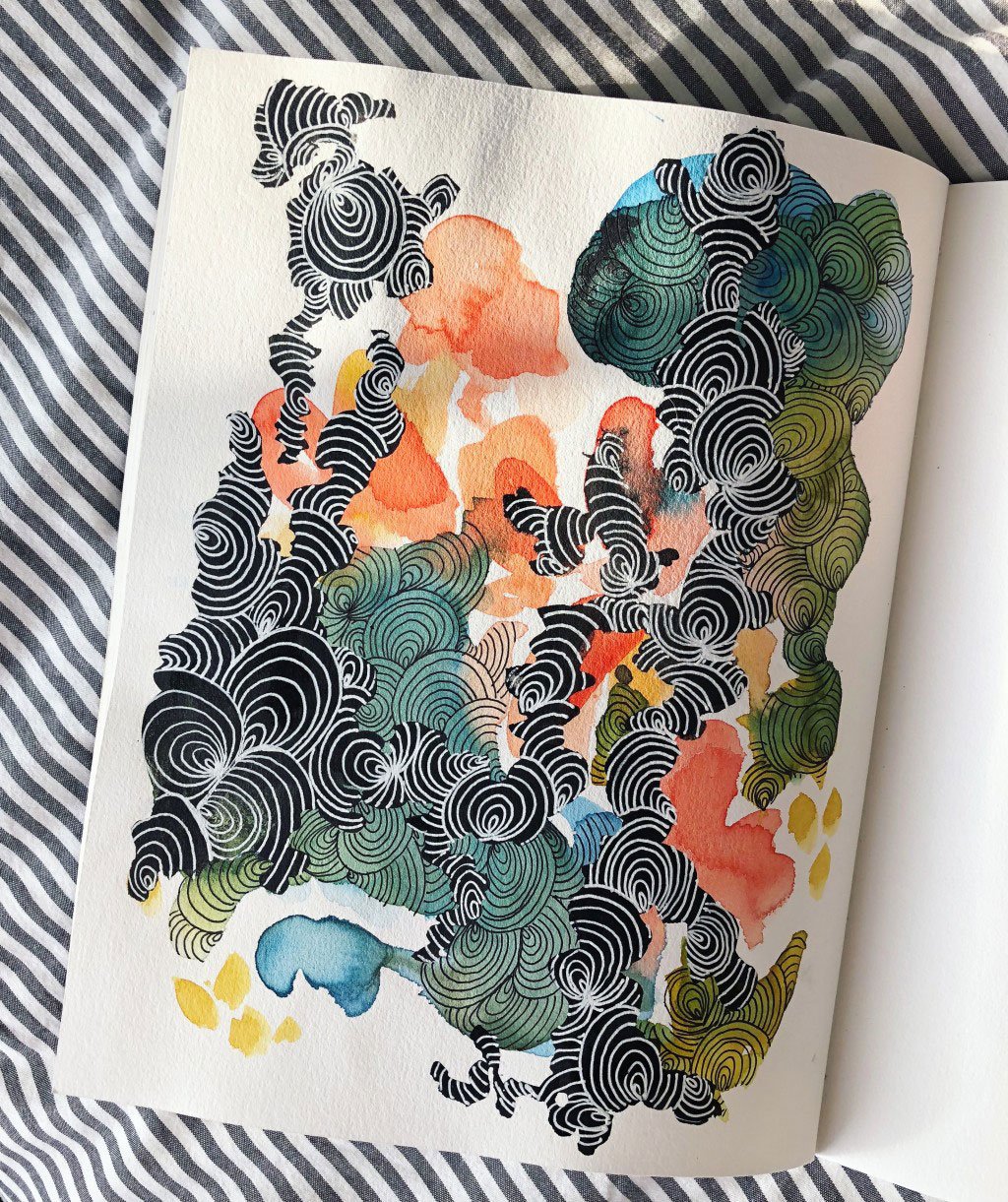 Watercolor painting of different spiraling patterns