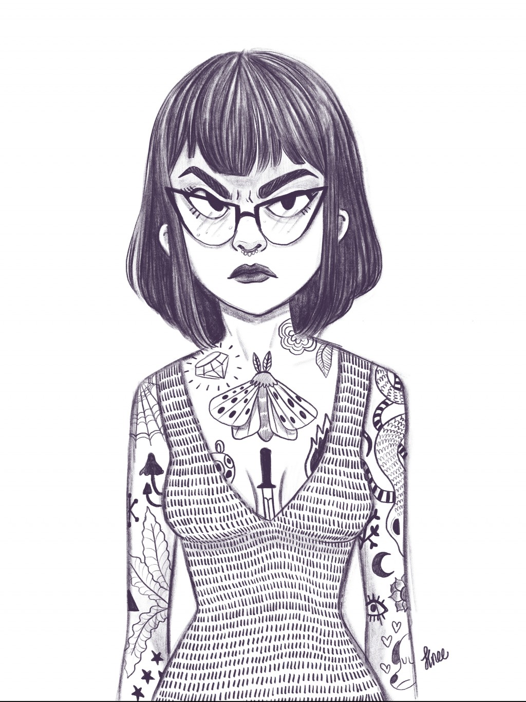 Hand-drawn art of a girl with a bunch of tattoos