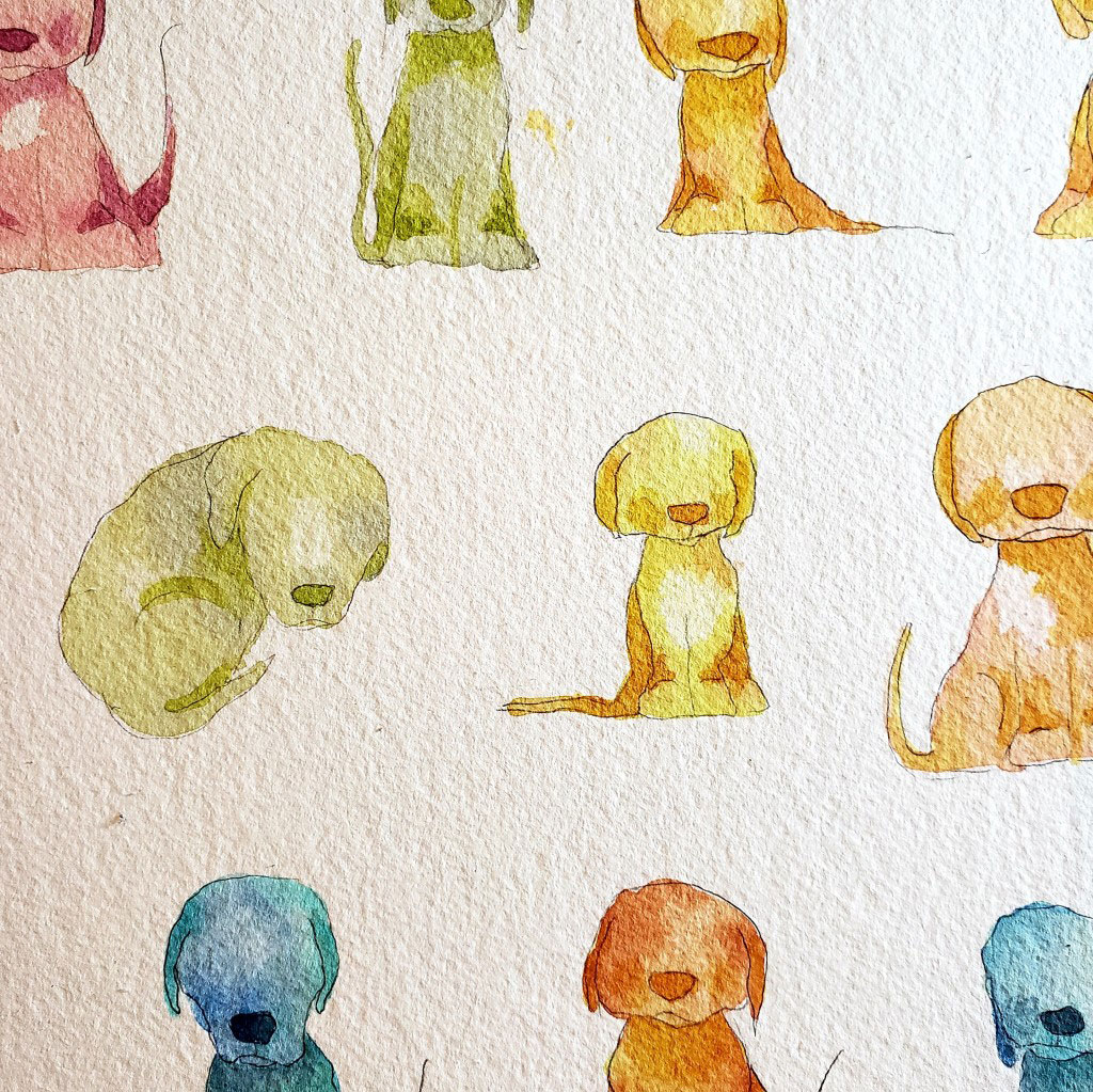 Watercolor painting of dogs in various colors