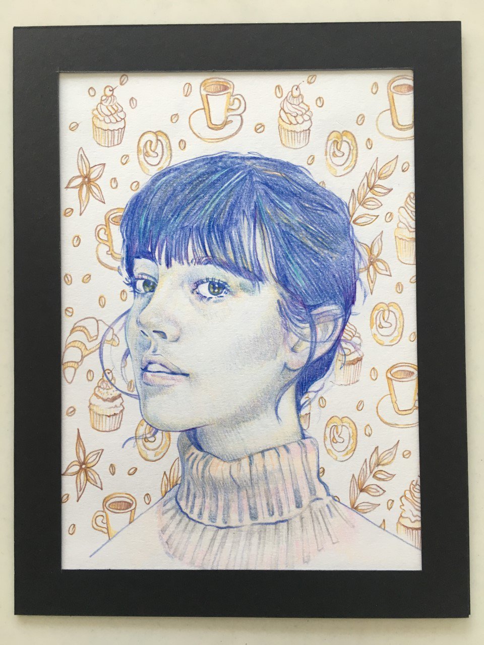 Drawing of a girl with blue hair