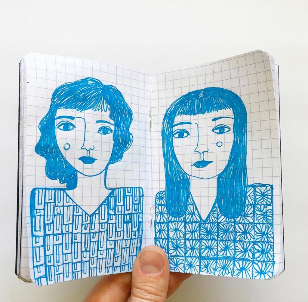 Twin portrait in blue ink