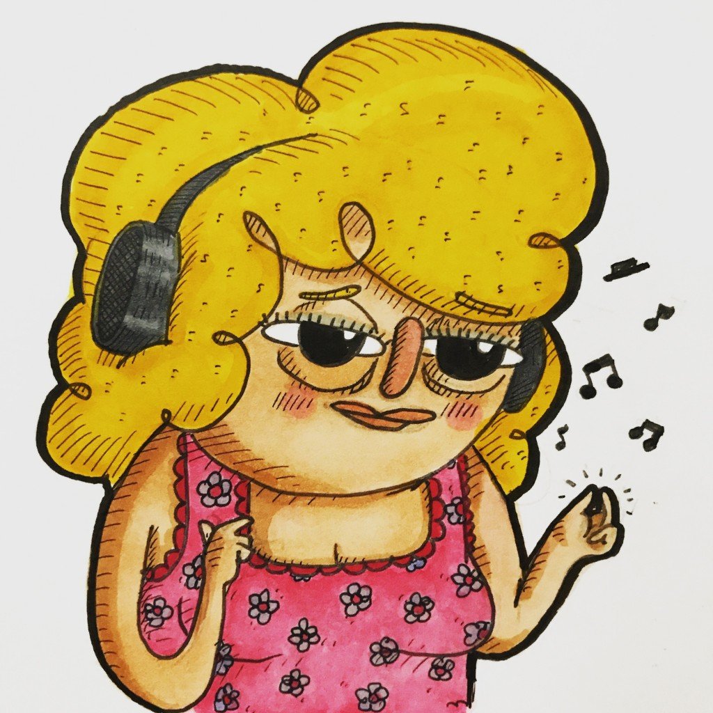 Blonde girl character wearing headphones and seemingly dancing to music