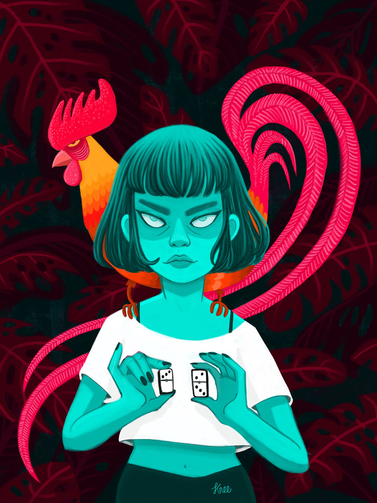 Digital drawing of a rooster, a girl, and dominos
