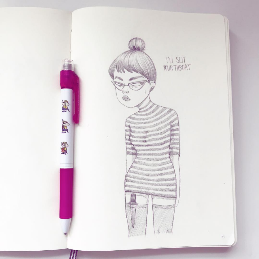 Illustration in a sketchbook of angry woman