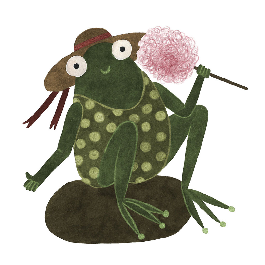 Frog sitting on a rock, wearing a hat, holding a pink flower and smiling