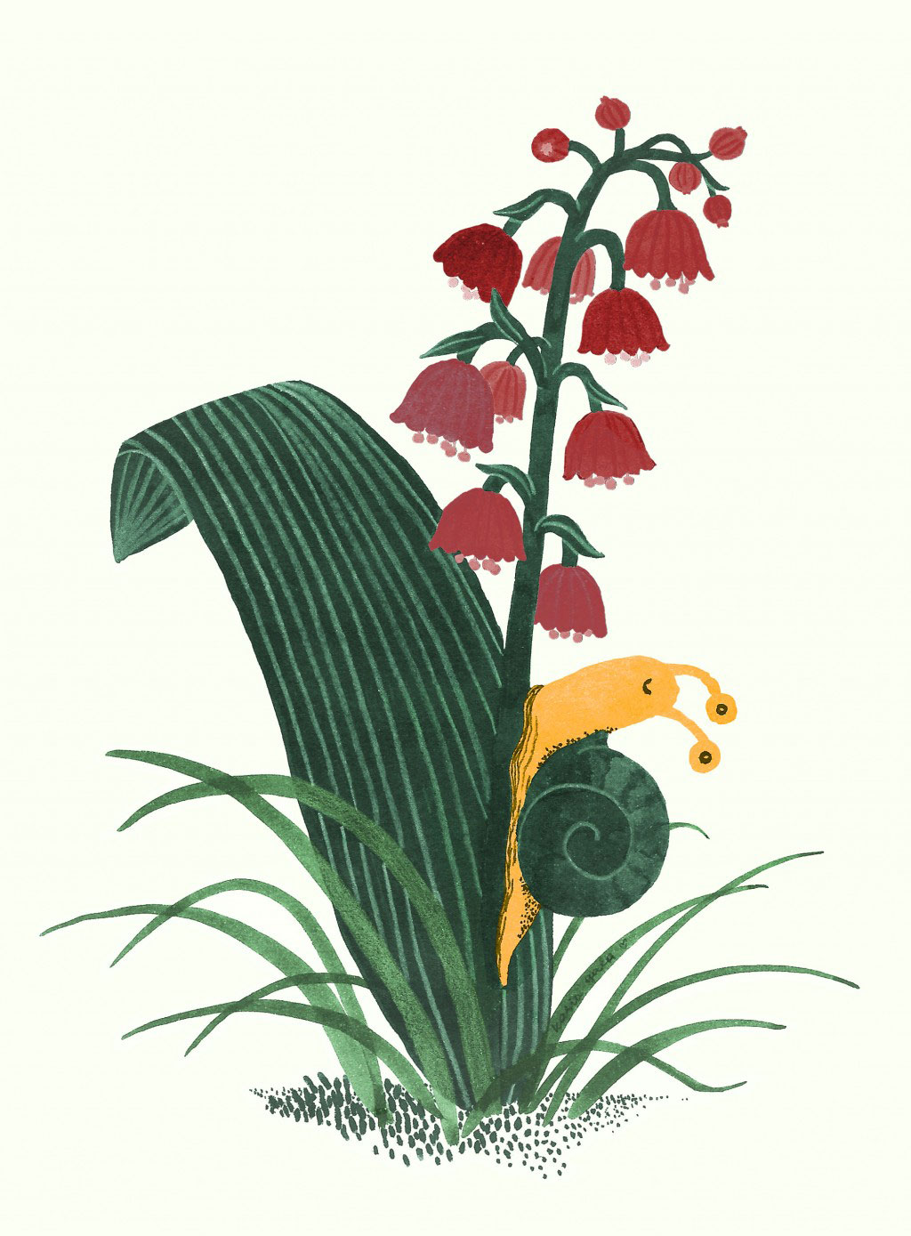 Yellow snail moving up a plant with red flowers