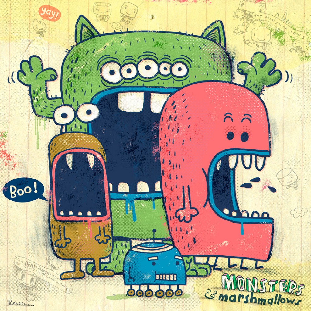 Monsters & Marshmallows drawing by Jim Bradshaw Doodle Addicts