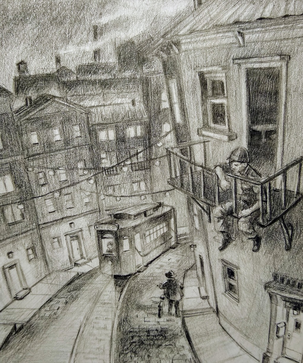 A city scene drawing of Bath on a large canvas before I take the leap with  paint 90x60cm  rdrawing