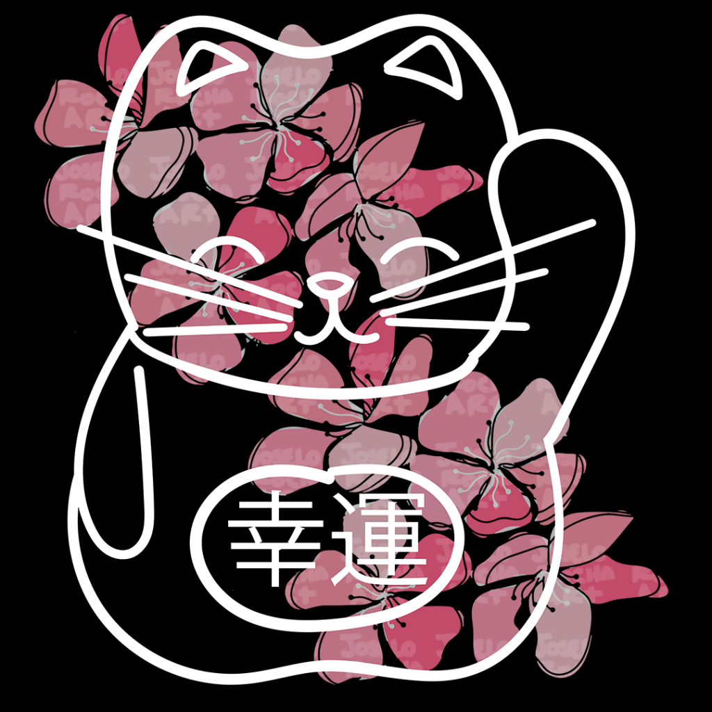Japanese Good Luck Cat with pink Sakura Flowers drawing by Joselo Rocha