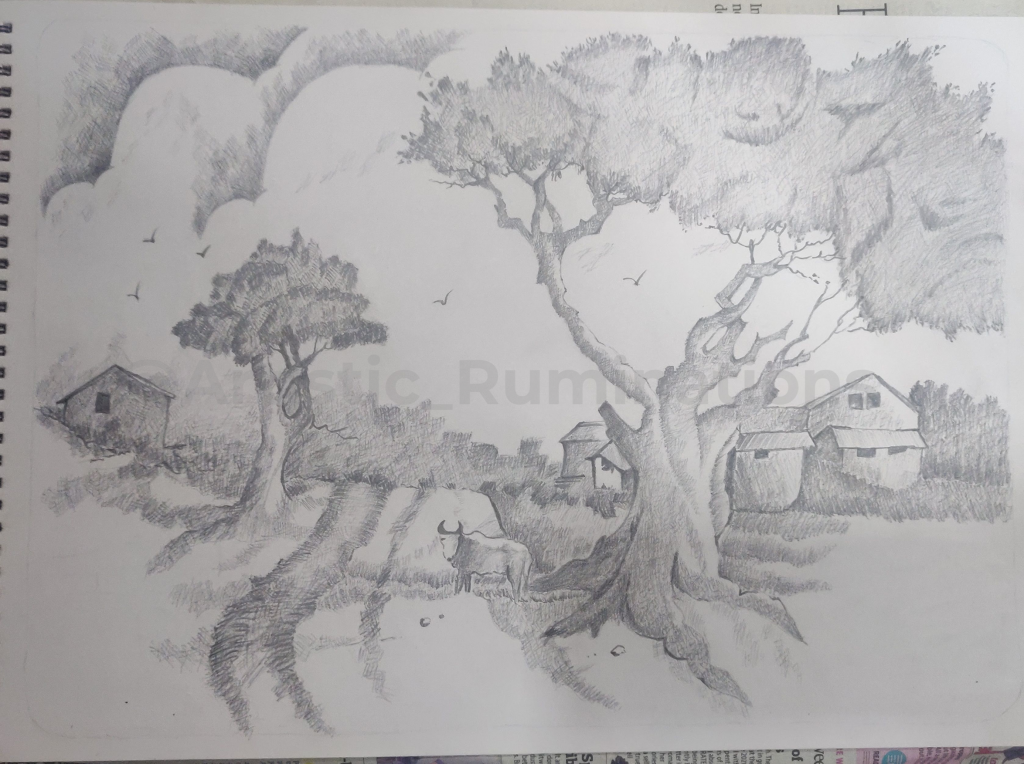 Serene Shadows: A Cross-Hatched Village Tale drawing by Artistic ...
