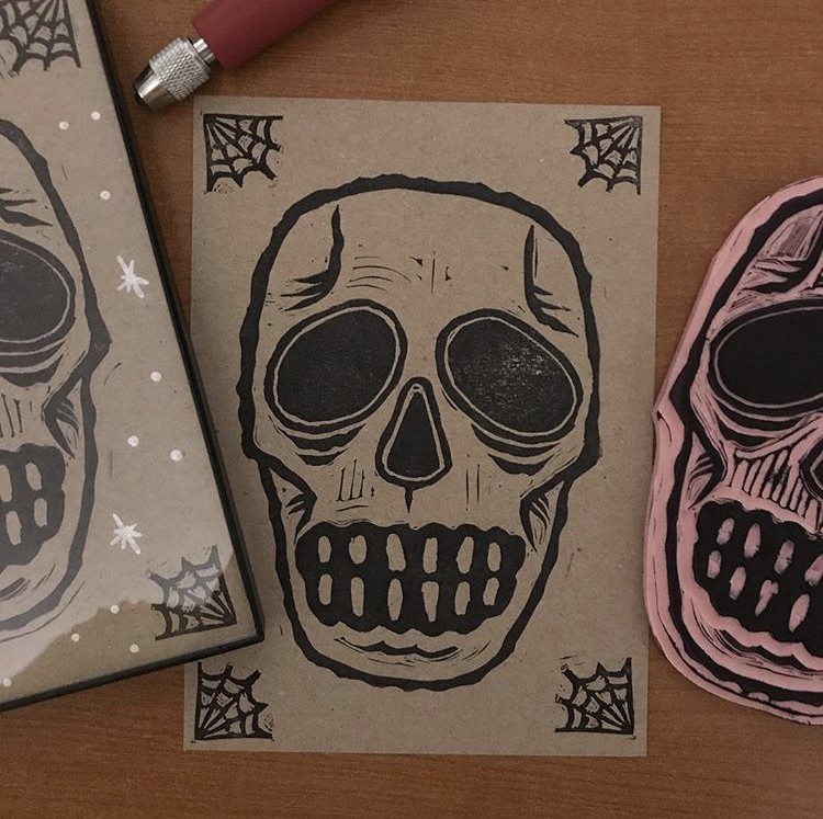 Linocut skull drawing by Pat Henzy & Cici Henzy Doodle Addicts