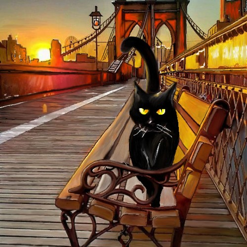 Black cat on the Brooklyn Bridge