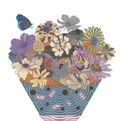 Vase with flowers and one butterfly