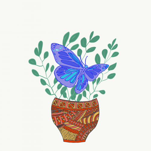 A pot with plants and a butterfly.