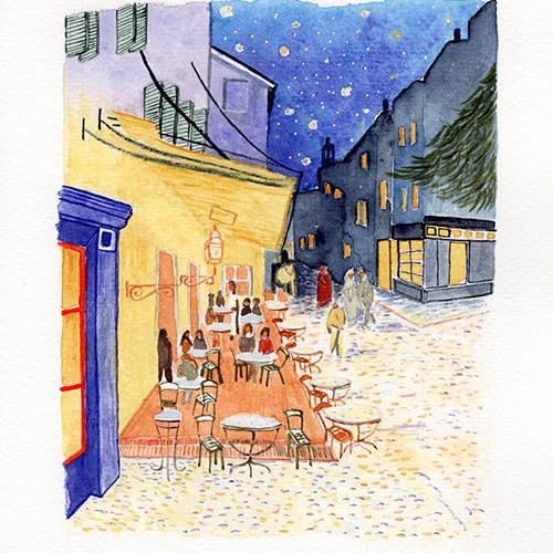 Watercolor Study on Van Goghs Café Terrace at Night