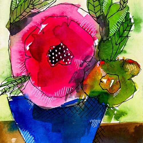 Blue Pot, Pink Petals