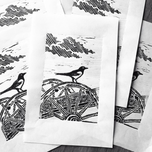 Magpie at the wheel  linoprint