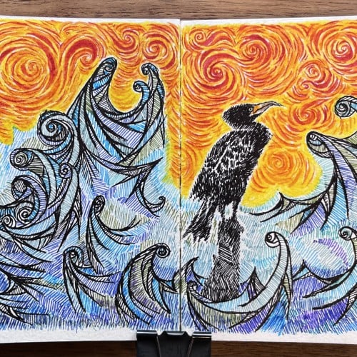 Cormorant at sunset. Moleskine sketchbook art