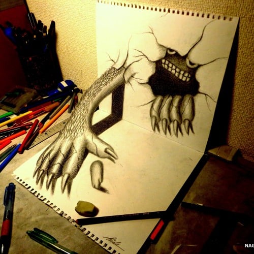 3D Drawing - Monster popping out of paper