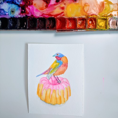 Painted Bunting on a Bundt Cake - Watercolor Bird Illustration