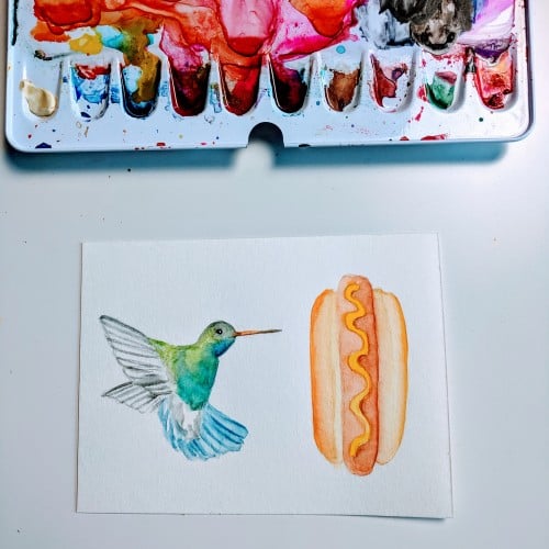 Hummingbird and a Hot Dog - Watercolor Bird Illustration