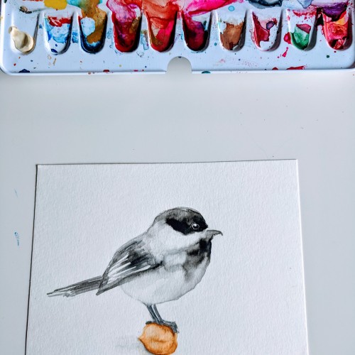 Chickadee on a Chickpea - Watercolor Bird illustration