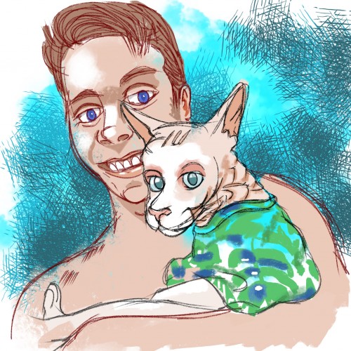 Guy and hairless cat