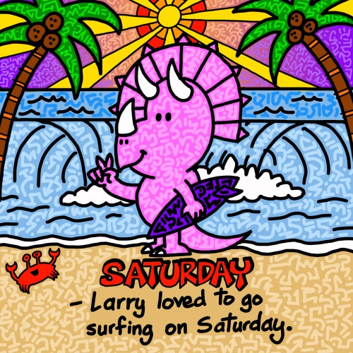 Larry the Triceratops Surfs on Saturdays