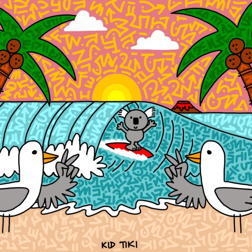 Harry the Koala surfing, being cheered on by his two buddies Sammy and Seymour Seagull