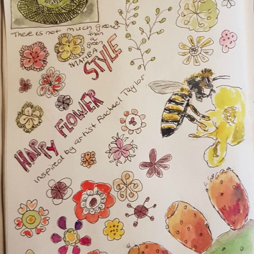 Draw your day with doodlewash prompt, a bee, happy flowers, prickly pear and a green mamba