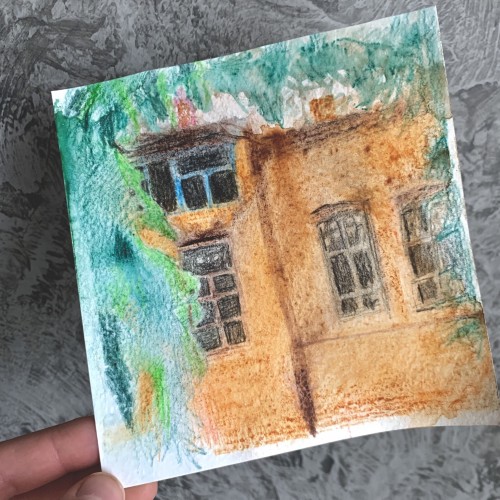 Urban sketch in watercolor pencils