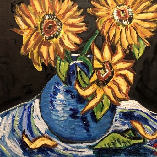 Three Sunflowers in a Blue Vase