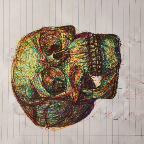 Ballpoint and highlighter skull drawing