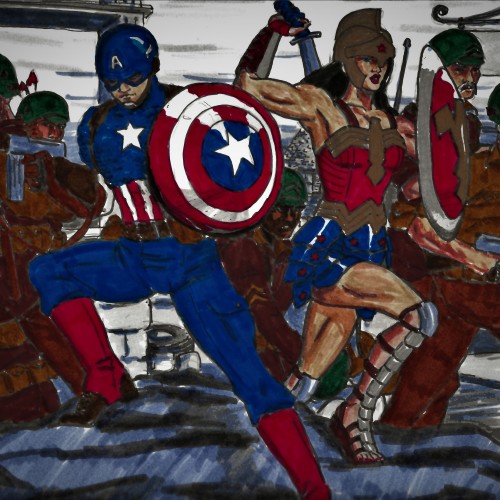 Wonder Woman and Captain America (with Sgt. Rock and Easy Co. and Sgt. Fury and the Howling Commandos)