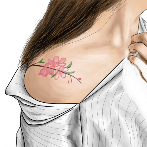 Woman, cherry blossom tattoo.