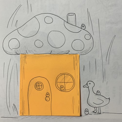 Duck and birbs in a little mushroom house