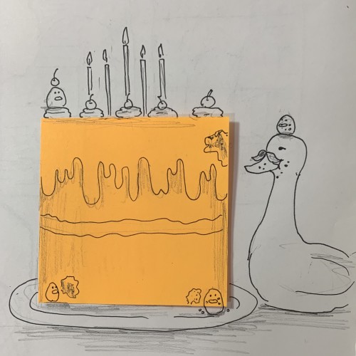 Duck and birbs taking a break to eat some cake while still being on the run from the police