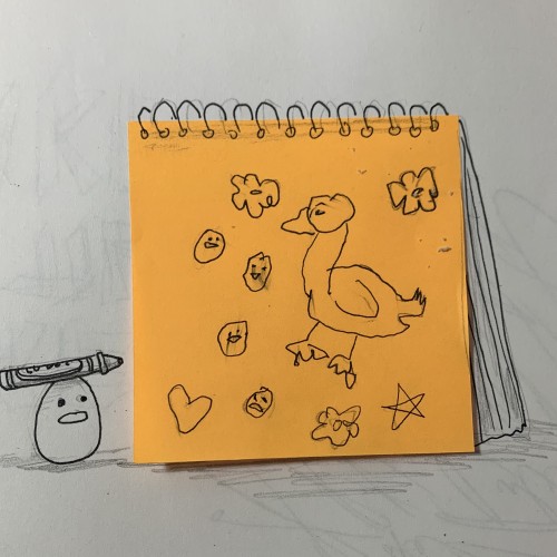 Duck and birbs in a family portrait drawn by a birb