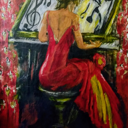 Piano Player in Red Abstract