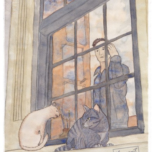 Two cats sitting on a window sill