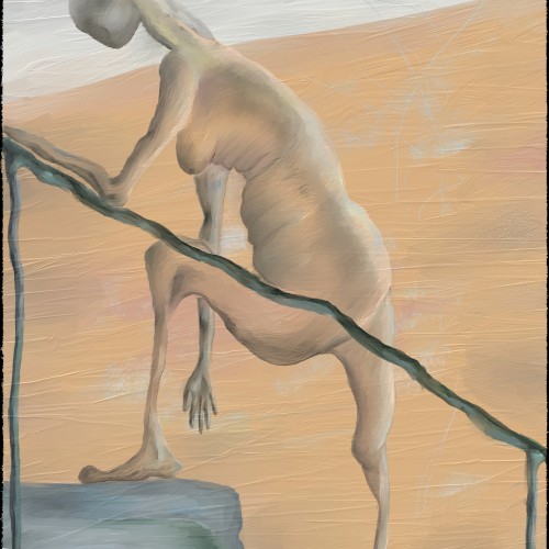 Naked woman climbing a staircase