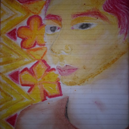 Selfie drawing with crayon and pencil for the line