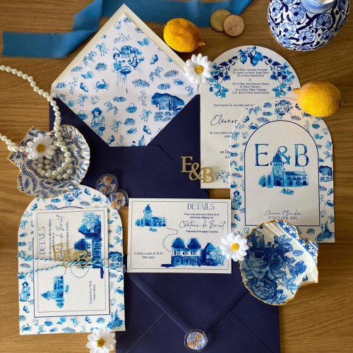 Blue Provence theme: Wedding invitations finish product
