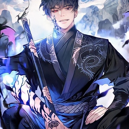 The strong man wearing black clothes and holding a sword looks cool