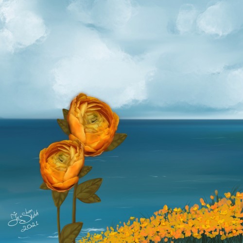 Yellow and orange flowers in a sea background