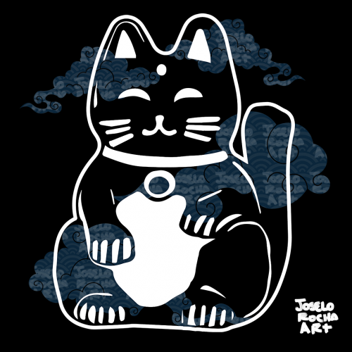 Japanese Good Luck Cat with clouds