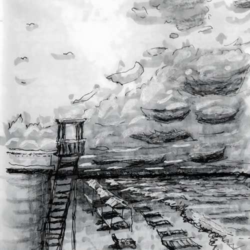 Cancun Beach cloudy black and white pencil and charcoal art