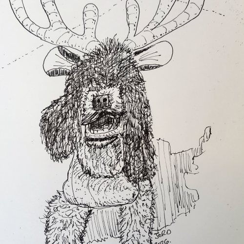 A dog, that looks like a cow, dressed as a reindeer 